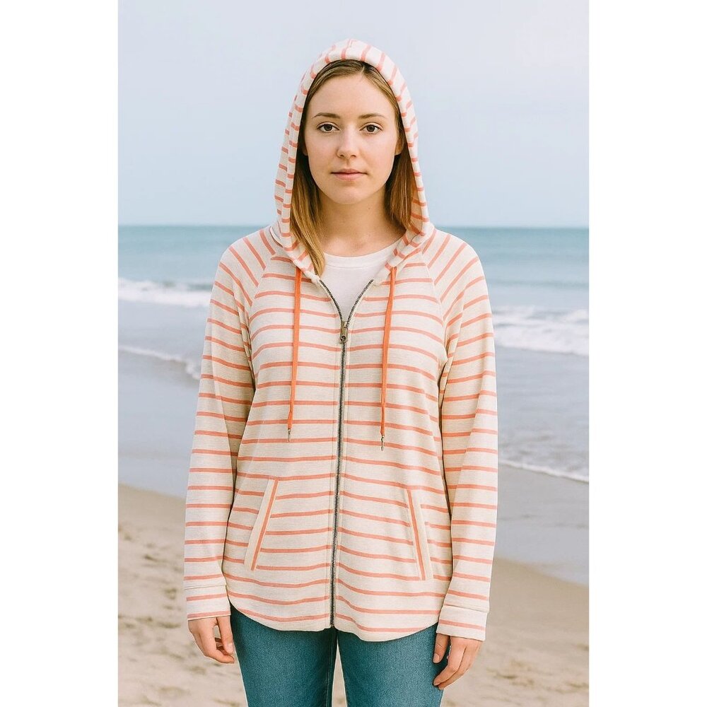Market & Spruce Large Mavian Zip Front Hooded Sweatshirt Orange Stripe NEW